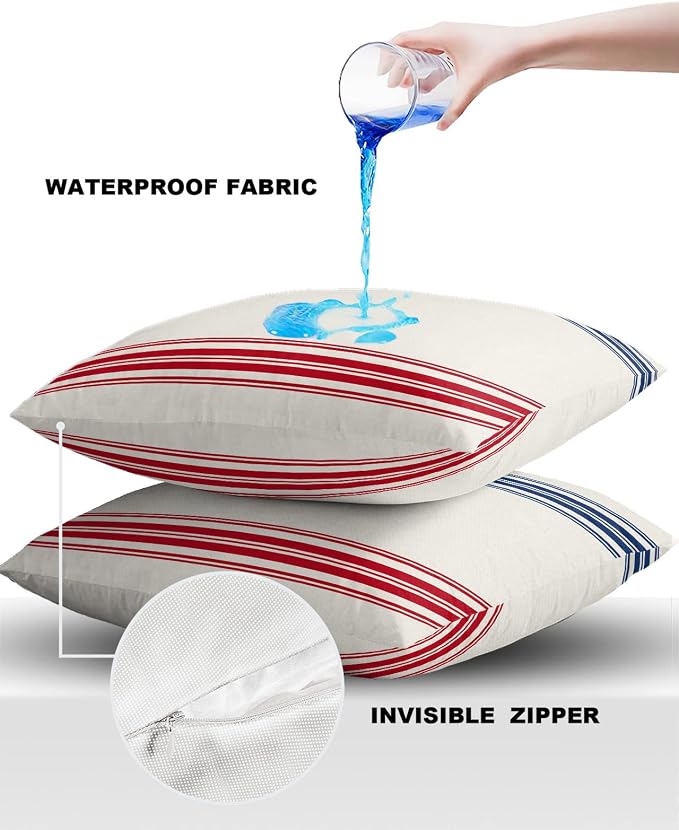 Outdoor Waterproof Pillow Covers Set of 2, Independence Day Flag Day Blue Red Stripe Vintage Patio Throw Pillow Covers, Decorative Cushion Case for Couch Sofa Furniture Garden, 16x16 Inch