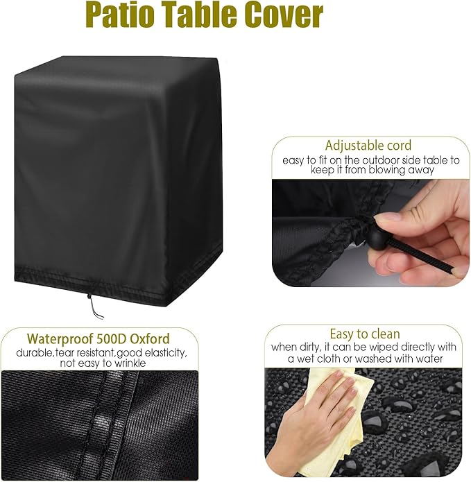 End Tables Cover, Waterproof Sun Dust Protection with Drawstring, Fits Square Small End Bedside Table, Deck Balcony Furniture Protector, Black-23.6"D x 11.8"W x 23.6"H