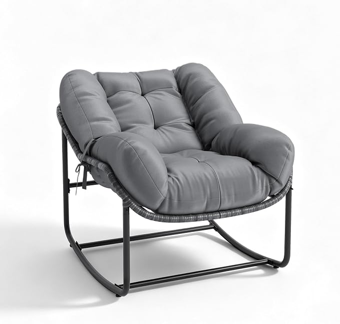 GarveeLife Outdoor Lazy Rocking Chair, Single Metal Rocker with Ergonomic Design, Gray, Heavy Duty, for Yard or Deck Use