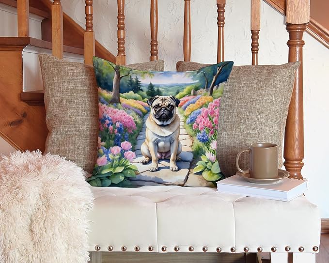 Caroline's Treasures Pug Spring Path Throw Pillow Machine Washable, Indoor Outdoor Decorative Pillow for Couch, Bed or Patio, 14Hx14W