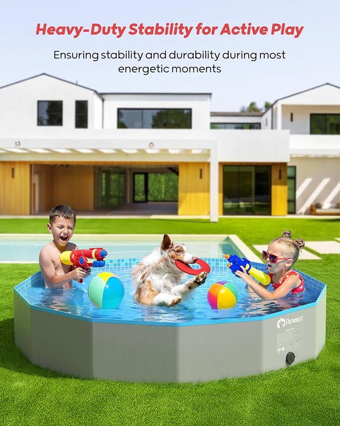 Peteast Foldable Dog Pool with 2 Flying Disks, Durable Hard Plastic Dog Swimming Pools for Large Dogs, Collapsible Pet Pool for Backyard & Indoor, Ideal Kiddie Pools for Dogs and Kids, 32 in