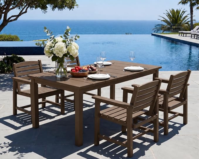 HDPE 5-Piece Outdoor Dining Set with Armchairs, Brown | All Weather Patio Table and Chairs with Umbrella Hole, Patio Furniture Dining Set for Lawn, Garden, Deck, Backyard