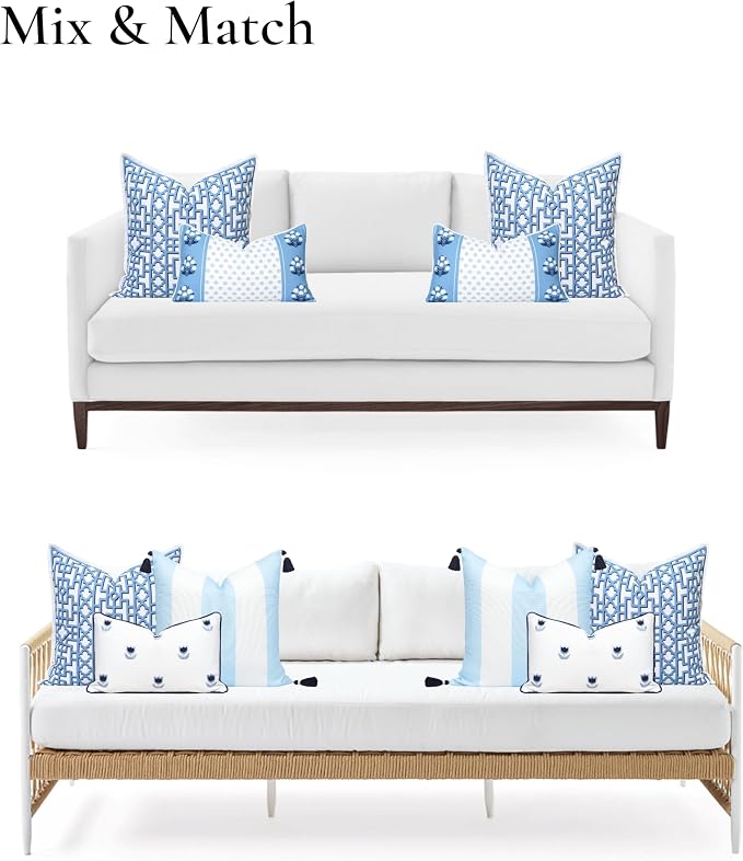 Hofdeco Premium Coastal Hampton Patio Indoor Outdoor Throw Pillow Cover Only, 20"x20" Water Repellent for Backyard, Couch, Poolside, Azure Blue Print Fretwork Trellised Screen