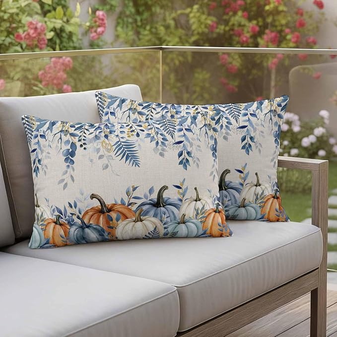 Orange Blue Fall Waterproof Outdoor Pillow Covers 20''x12'' Set of 2, Thanksgiving Eucalyptus Berry Leaves Patio Cushion Covers for Chairs, Decorative Pumpkin Beige Pillow Cases for Garden/Pool/Beach