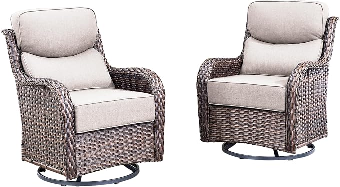 Luxury Outdoor Swivel Rocker Patio Chairs Set of 2 with 6-Inch Thick Cushions, High Back Swivel Patio Chairs Wicker Outdoor Gliders for Porch, Yard, Deck, Poolside, Brown/Beige