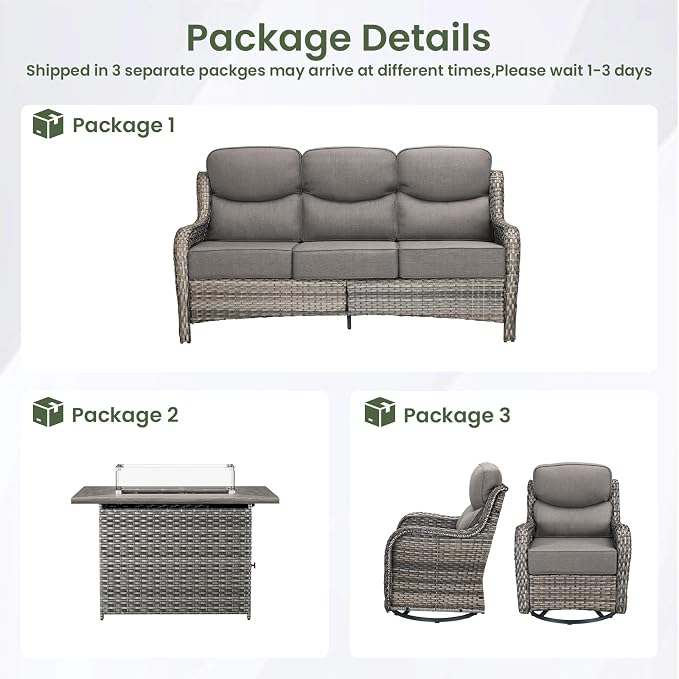 Luxury Patio Furniture Set with 6-inch Thick Cushion, Outdoor Furniture with Fire Pit Table, Swivel Chairs, Sofa, 4pcs Wicker Conversation Set for Deck Yard and Poolside(Grey Wicker/Grey Cushion)