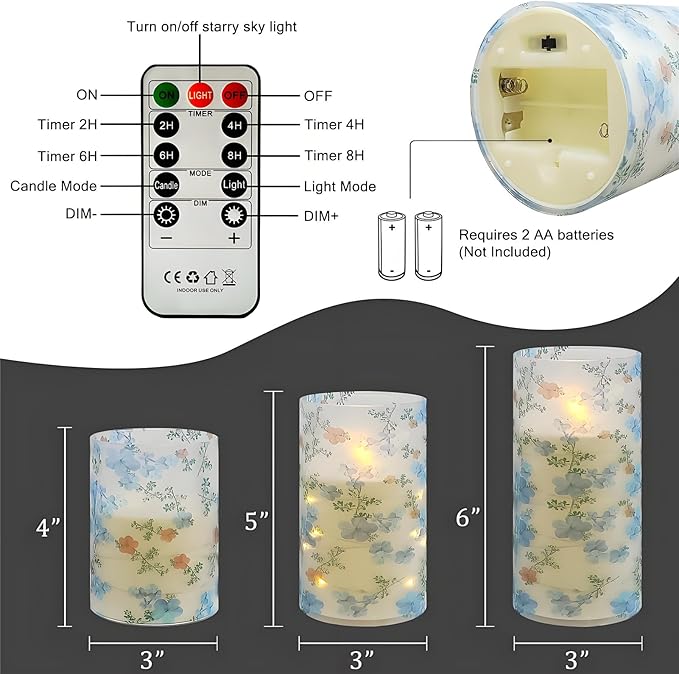 Printed Flameless Candles with String Lights - Set of 3 Battery Operated Candle Flickering Floral LED Pillar Candles with Timer Remote for Home Decor Romantic Ambiance,LT