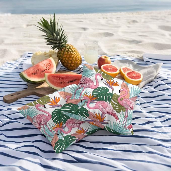 Pink Flamingos Outdoor Pillow Covers 20"x20" Set of 2, Watercolor Monstera Leaf Green Tropical Plant Waterproof Throw Pillow Covers for Patio Furniture, Decorative Cushion Covers for Porch