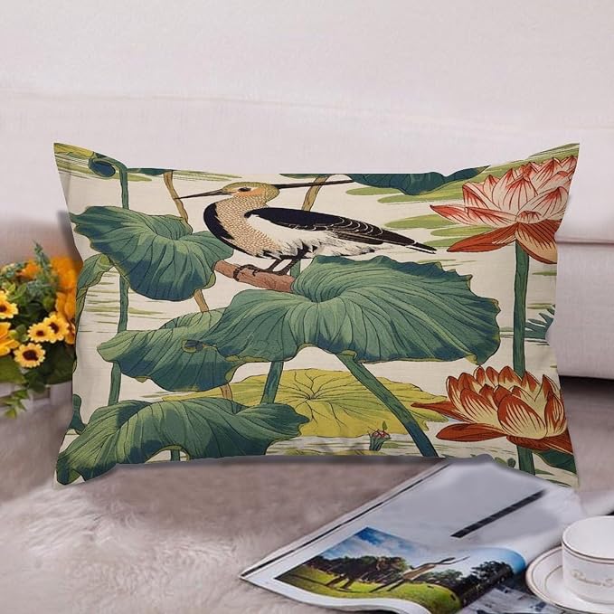 Set of 2 Chinese Pond Bird Decorative Throw Pillow Covers 12x18in Farmhouse Rectangle Accent Pillow Cases Cushion Cover Cases for Sofa Chair Bedroom Home Decor