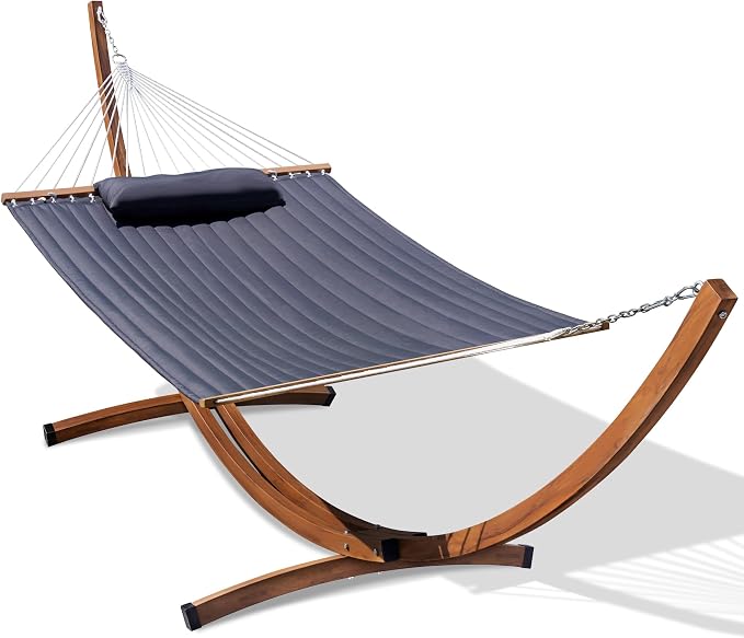 Lazy Daze Hammocks Double Quilted Hammock with 13 FT Curved Steel Heavy Duty Stand and Pillow for Outside, Backyard, Patio, 450 Lbs Capacity, Dark Grey