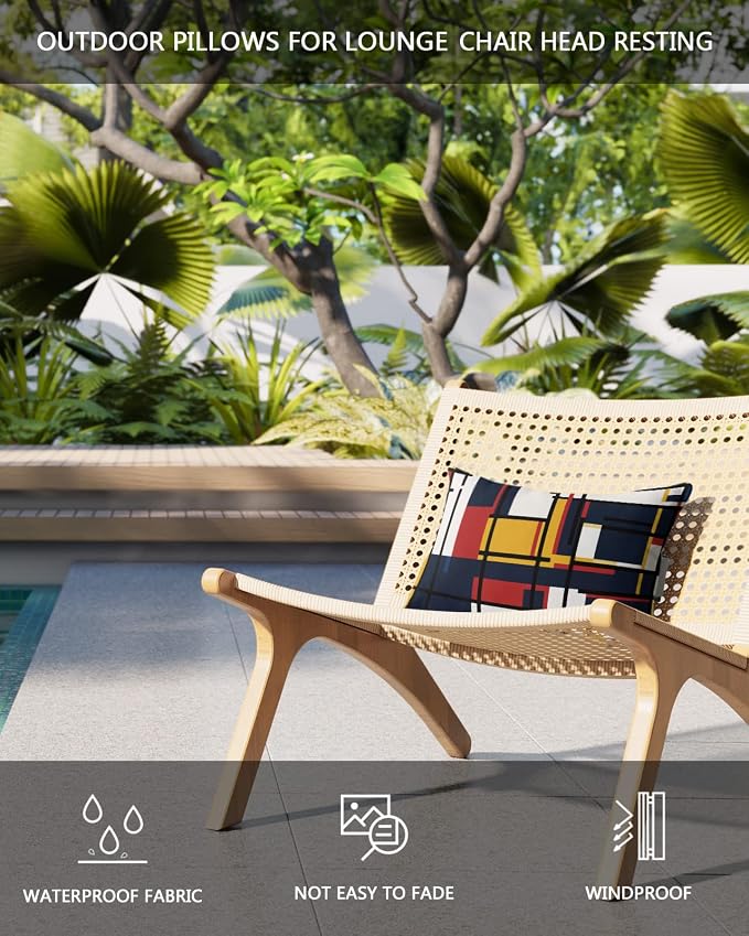 Outdoor Pillows Covers with Inserts Abstract Geometric Blue Orange Red Blocks Waterproof Recliner Pillow with Adjustable Strap Throw Pillows for Patio Furniture Pool Lounge Chair, 11x16 inch, 2PCS