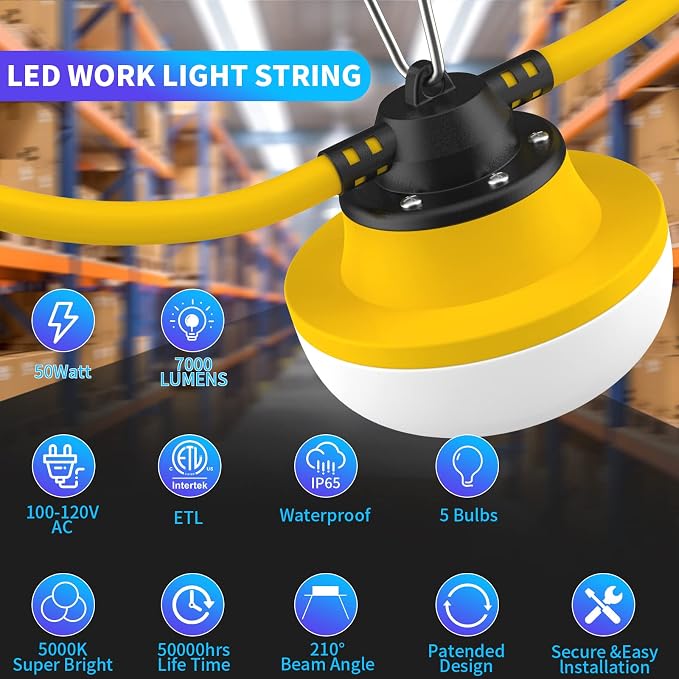 New Upgrade 50FT Construction String Lights LED Industrial Grade | Best for Construction Sites,Renovation, Walkways,Patio,Mine cave,Outdoor Lighting Solutions Use,Free for Climbing Hook 2Prong