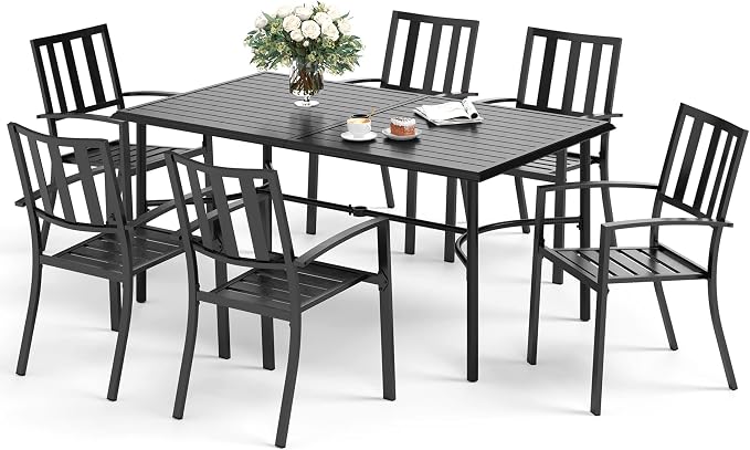 SUNSHINE VALLEY 7 Piece Patio Dining Set for 6, 67x38 Wood-Like Metal Table with Umbrella Hole and 6 Pcs Rust-Proof Stackable Chairs, Outdoor Table and Chairs Set for Backyard Garden Deck (Style 1)