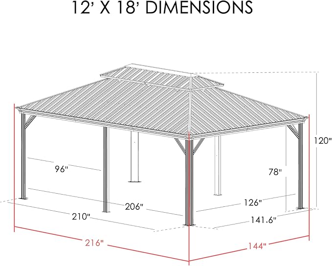 Kozyard Alexander 12' x 18' Hardtop Gazebo, Aluminum Frame with Galvanized Steel Double Roof, Outdoor Permanent Pavilion with Curtains and Netting for Patio, Backyard, Deck, Lawn(Gray)