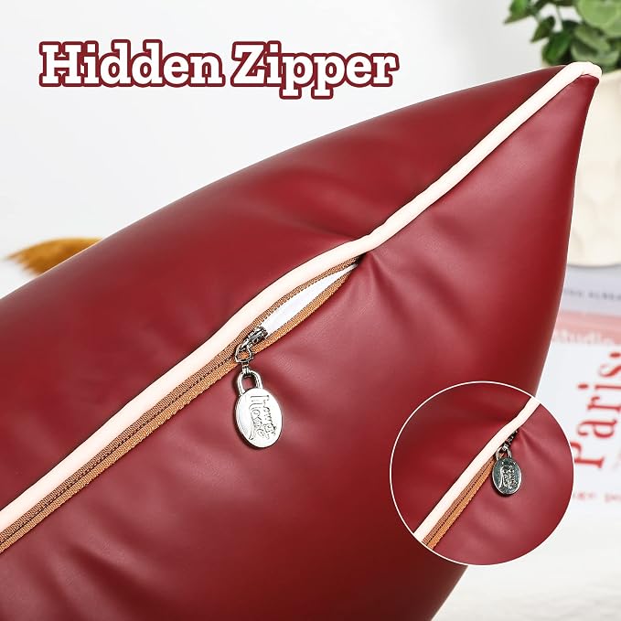 Set of 2 Silicone Leather Pillow Covers 18x18 Inch, Waterproof Soft Smooth Texture Modern Stylish Design for Home Decor Patio Sofa Tent Sunbrella Balcony, Burgundy