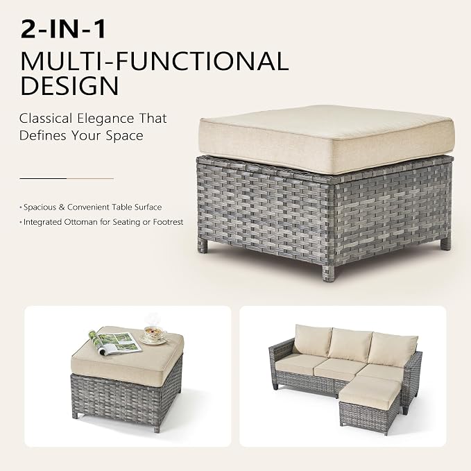 CAODOC 7-Piece Outdoor Wicker Patio Set with 7 Seats, Including 43" Fire Pit - Swivel Rocker Chairs and Conversation Set for Backyard or Lawn, Gray Rattan with Waterproof Beige Cushions