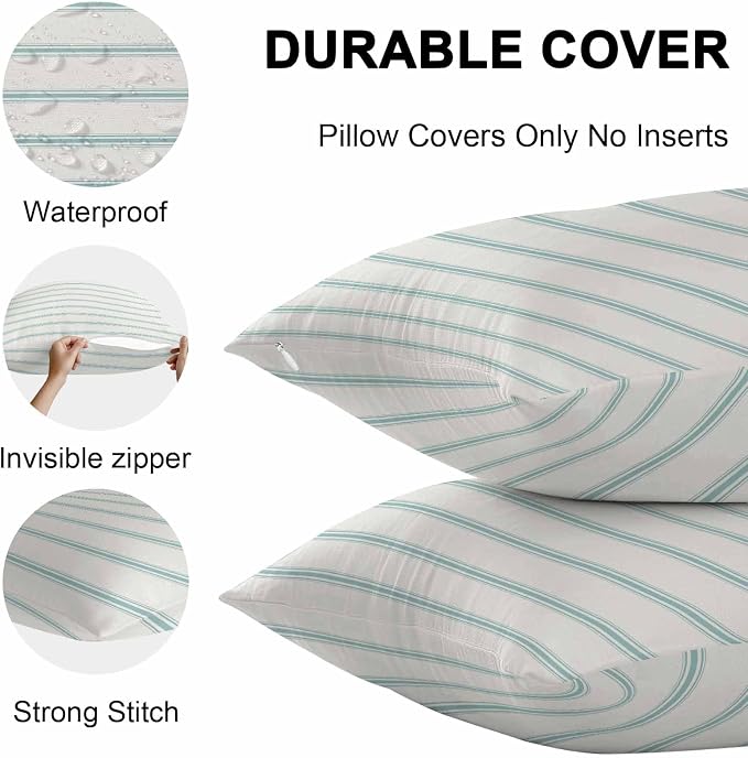 Vandarllin Outdoor Throw Pillows Covers 24x24 inch Set of 2 Waterproof Teal Blue Stripes Decorative Zippered Cushion Covers for Patio Furniture, Abstract Lines Striped Lumbar Pillowcases