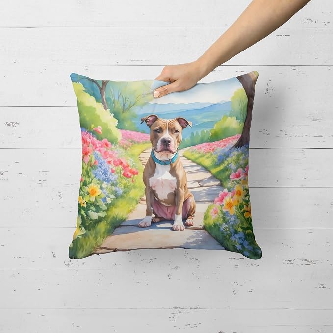 Caroline's Treasures Pit Bull Terrier Spring Path Throw Pillow Machine Washable, Indoor Outdoor Decorative Pillow for Couch, Bed or Patio, 18Hx18W