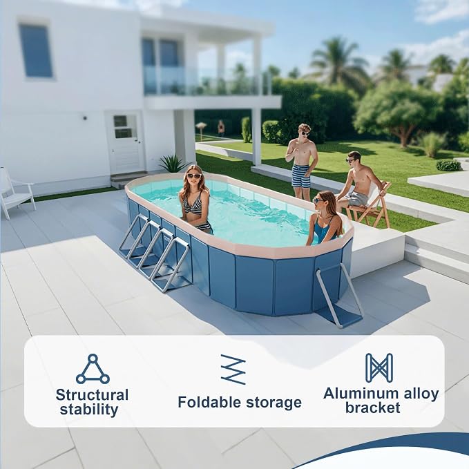 3.65m PVC Hard Sided Folding Pool 144"x98"x20", Aluminum Frame Family Outdoor Backyard Pool Dual Drainage Rounded Corners, Blue Gray