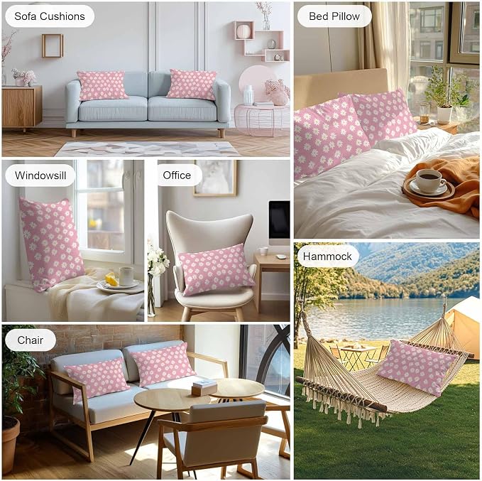 Lumbar Pillow Covers 20x12 Inch Set of 2, White Pink Daisy Waterproof Outdoor Pillow Covers, Spring Summer Floral Farmhouse Decorative Cushion Pillowcases for Couch, Sofa, Bed, Garden, Patio
