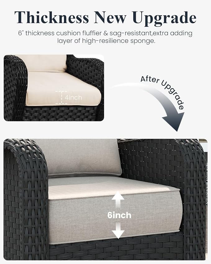 LayinSun 7 Piece Wicker Outdoor Furniture Set with 6-inch Comfy Cushions, High Back Patio Furniture Set with Swivel Rocking Chairs and Side Table