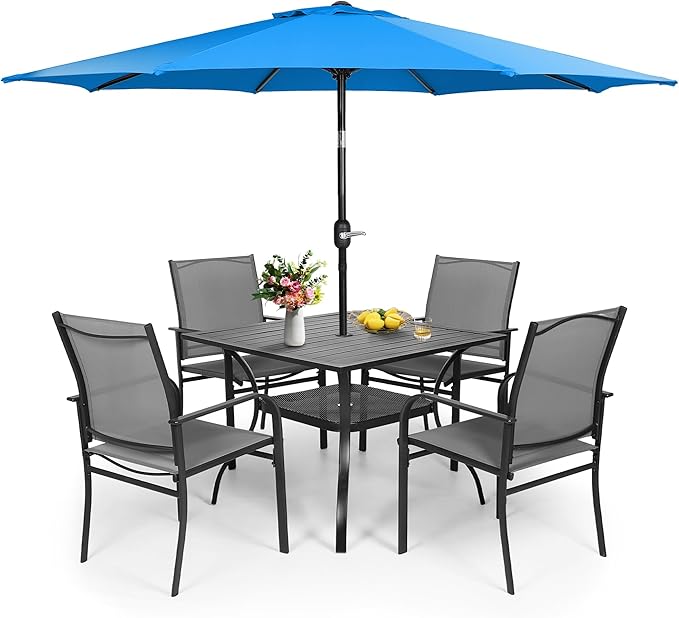 Crownland 5 Piece Patio Dining Set, Textilene Dining Sets, 4 Textilene Metal Chairs and Square Outdoor Dining Table with Sky Blue 9FT Round Outdoor Umbrella (Grey)