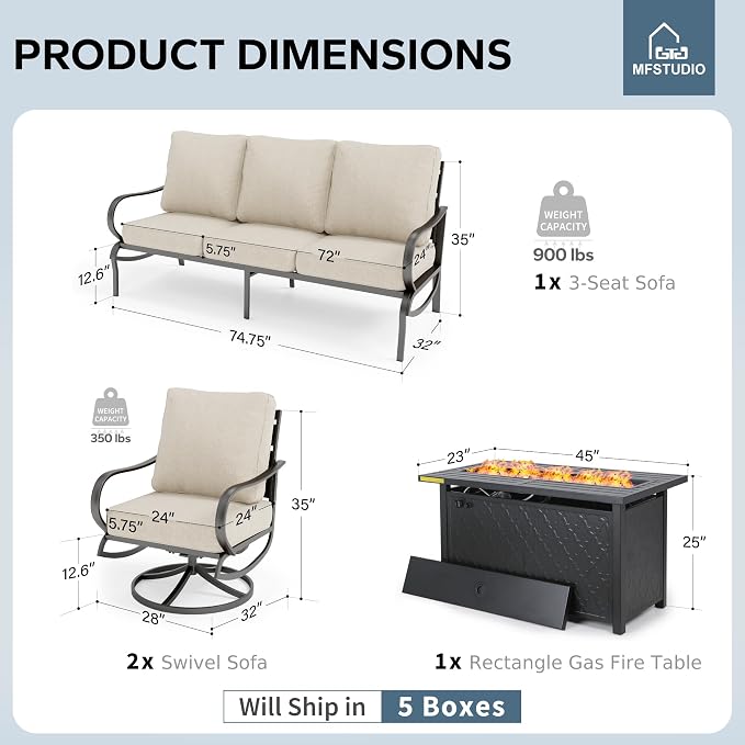 MFSTUDIO 6 Pieces Patio Furniture Sets with 45" Gas Fire Pit Table(Up to 7 Seat),Outdoor Metal Conversation Sofas with 1 x 3-Seat Sofa, 2 Swivel Chairs and 2 Ottoman,Beige Cushion