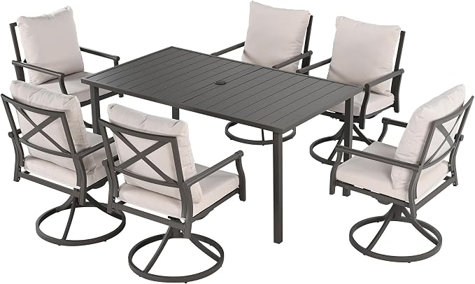 HAPPATIO Patio Dining Set, Metal Outdoor Table and Chairs Set for 6, Powder-Coated Swivel Rocking Chairs with Thickened Cushions, 60" Rectangular Table with 1.5" Umbrella Hole for Deck Backyard Lawn