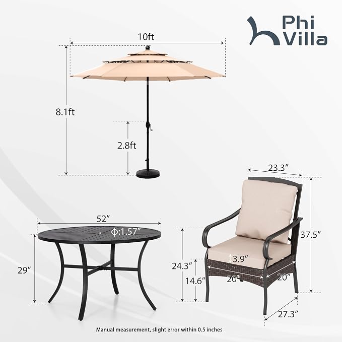 PHI VILLA 6 PCS Outdoor Dining Sets, All-Weather Round Patio Table and Chairs Set for 4 with Umbrella, Heavy Duty Patio Table Set for Deck, 4 Large Outdoor Metal Wicker Dining Chairs with Cushions