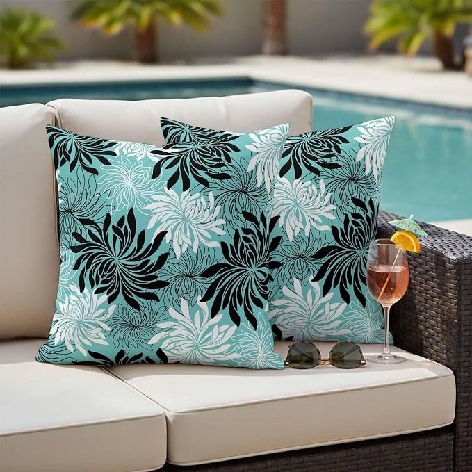 Yukro Teal Black Floral Outdoor Waterproof Pillow Covers Pack of 2, Vintage Teal White Black Flower Decorative Throw Pillowcases Cushion Covers for Garden Patio Tent Sofa Couch, 18x18 inch