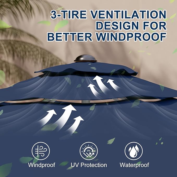 10FT 3-Tier Aluminum Outdoor Patio Umbrella, Fade-Resistant Market Umbrella with Push Button Tilt Function, 8 Sturdy All-Aluminum Ribs for Gardens, Patios, Backyards & Pools