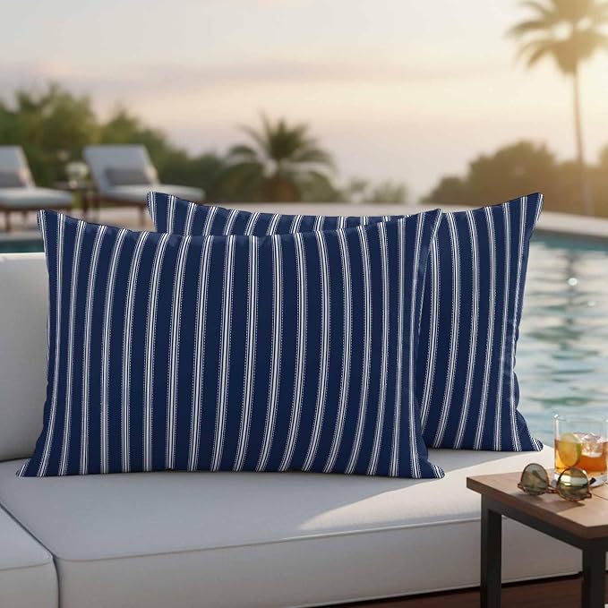 Outdoor Pillow Covers 12x20 Set of 2 Navy Blue Stripe Outdoor Pillows Waterproof Throw Pillow Covers Vertical Striped Pillowcases Decorative Case for Patio Cushion