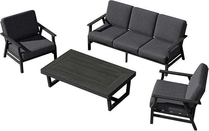 4 Pieces Patio Furniture Sets, Black Wood Outdoor Sectional Furniture with Coffee Table, 5 Seats Patio Sofa Couch Conversation Set for Backyard Deck - Dark Gray