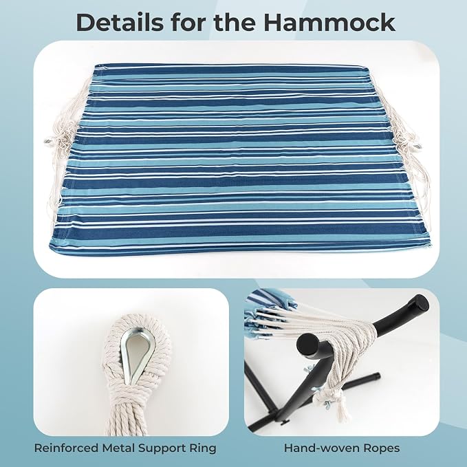 Giantex Hammock with Stand for Outside, 2-Person Double Hammock with Space Saving Metal Stand, Carrying Cases, Brazilian-Style Portable Hammock for Patio Garden Camping Lounging Outdoor & Indoor, Blue