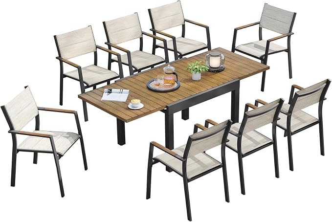 9-Piece Outdoor Dining Set, Never-Rust Aluminum Extendable Dining Table Set, Expandable Dining Table and 8 Double-Layer Textilene Dining Chairs, Patio Dining Set for Porch, Yard, Deck, Teak