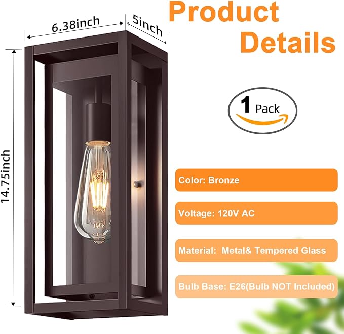 15" Large Oil Rubbed Bronze Outdoor Light Fixture, ORB Outdoor Sconces, Modern Waterproof Wall Lights with Clear Glass Shade for Front Door, Porch, Garage, 1 Pack