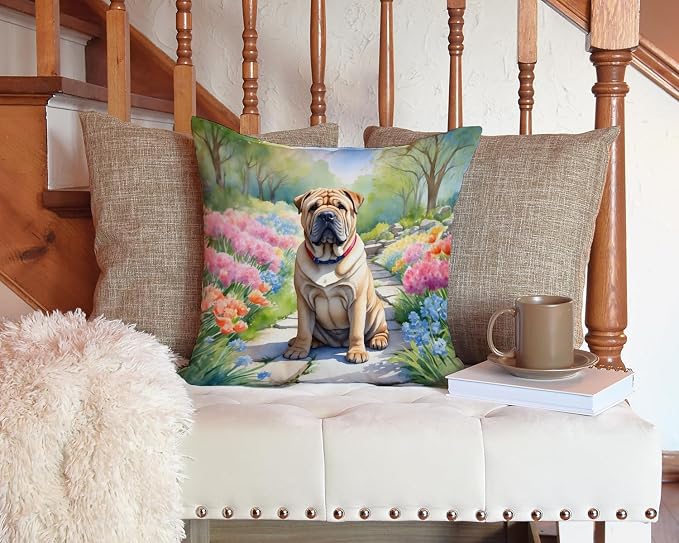 Caroline's Treasures Shar Pei Spring Path Throw Pillow Machine Washable, Indoor Outdoor Decorative Pillow for Couch, Bed or Patio, 14Hx14W
