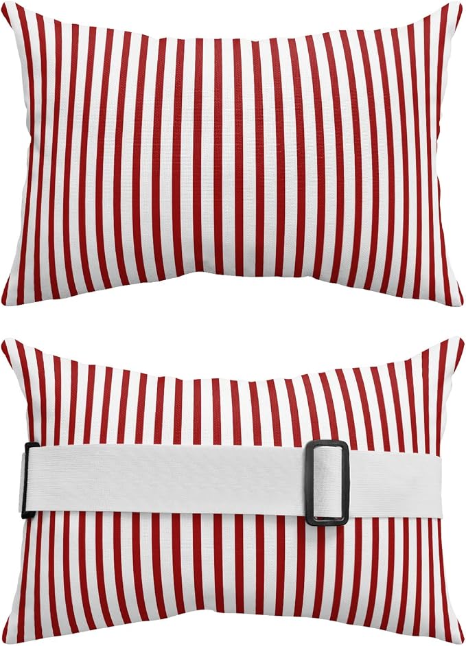 Outdoor Lumbar Pillows 12x20 Set of 2, Thin Red Striped Waterproof Throw Pillow Covers with Insert, Farmhouse Modern Red Stripes Decorative Support Pillows for Lounge, Chaise