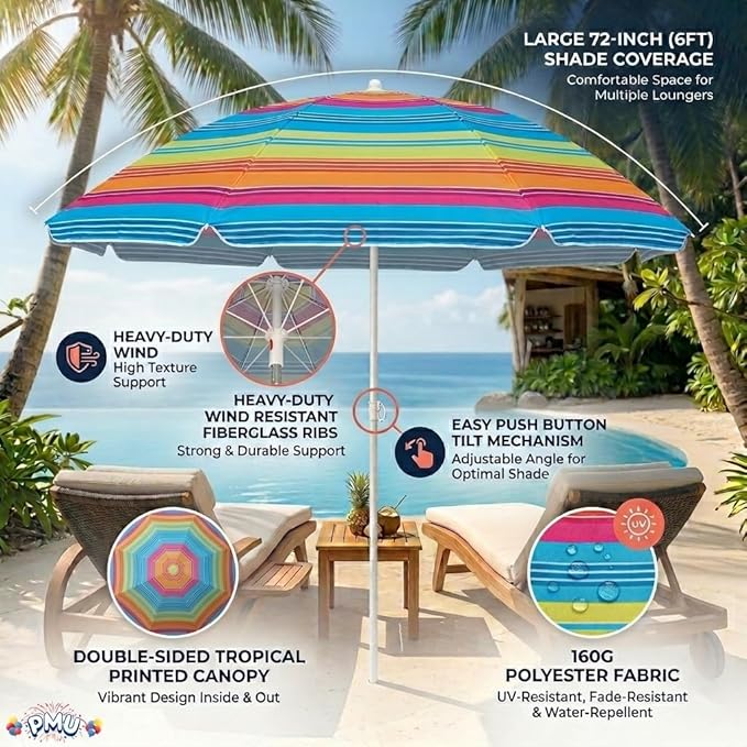 PMU 6 Pcs 6ft Multicolored Beach Umbrella – Vibrant Rainbow Stripe Design, 72in Open, 160G Polyester, Large Outdoor Patio Pool Parasol Umbrella for Garden, Deck, Backyard & Pool