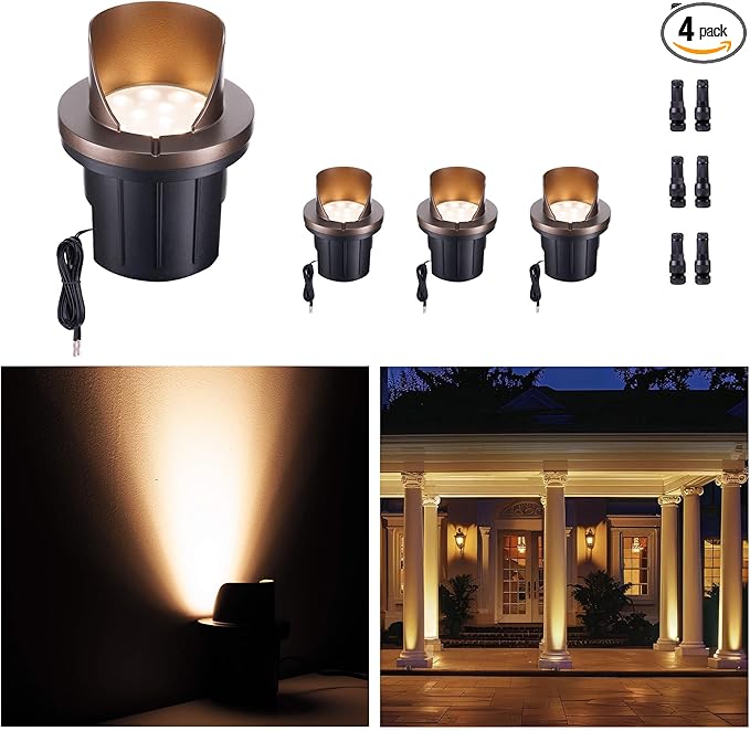 Low Voltage LED In-Ground Well Lights Outdoor, Warm White 3000K Landscape Lights, 12V IP67 Waterproof Anti-Glare Aluminum ORB Fixtures for Trees & Walls, 4 Pack