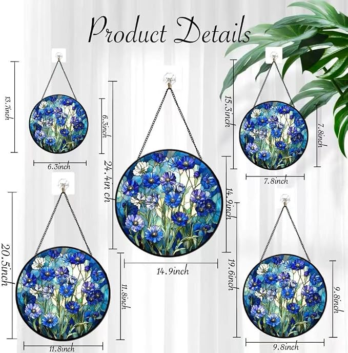 Stained Glass Window Hanging - Blue Floral Pattern 7.8 Inches Suncatcher for Garden Home Decor for Women Mon Grandma Friends