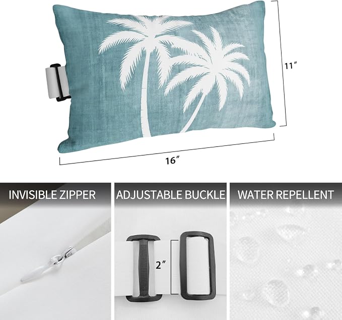 Palm Trees Grey Blue Outdoor Pillows for Chaise Lounge Chair Beach Headrest Pillow Set of 2 Waterproof Lumbar Pillows with Insert&Strap Summer Coastal Vintage Tropical Recliner Pool Pillow 11"x16"