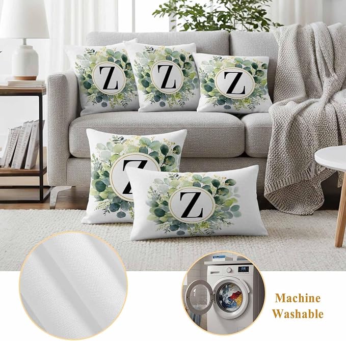 Letter Z Waterproof Outdoor Pillow Covers Set of 2 Home Decor, Alphabet Green Eucalyptus Leaves Pillowcase Patio Pillow Covers for Couch Bench Patio Furniture Garden 18x18in