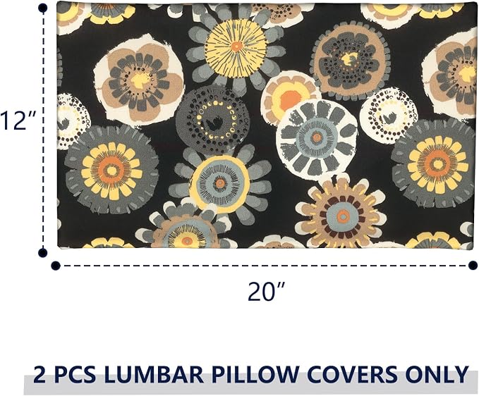 Outdoor Lumbar Pillow Covers 12”x20”, Rectangle Throw Pillow Covers for Patio Furniture, Decorative Lumbar Cushion Case for Garden Balcony Couch Office Chair, Pack of 2,Black Yellow Crosby