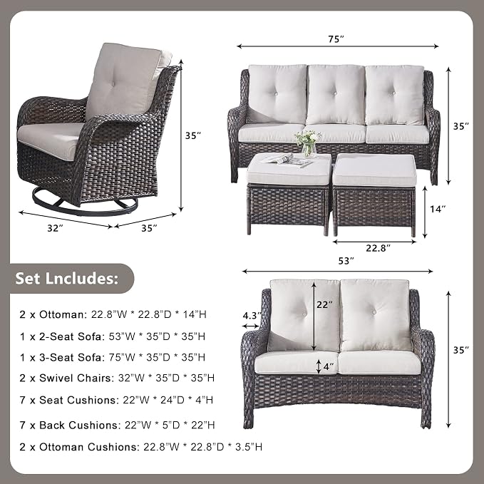 Rilyson Wicker Patio Furniture Set - 6 Piece Rattan Outdoor Sectional Conversation Sets with 2 Rocking Swivel Chairs,2 Ottomans,1 Sofa and 1 Loveseat for Porch Deck Garden(Brown/Beige)