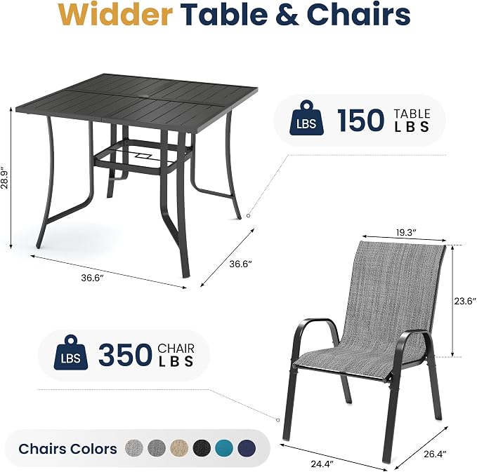 Amopatio 5 Pieces Patio Dining Set for 4, Outdoor Table and Chairs, 4 All Weather Stackable Patio Chairs, 36" Patio Spliced Square Table with Umbrella Hole, for Deck, Backyard, Garden, Gray