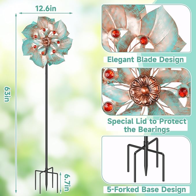 Wind Spinners Outdoor, Retro Green 2‑Blade Kinetic Wind Sculpture with Red Gems, Dual‑Direction Windmill with 5‑Prong Base, Height Adjustable Yard Art for Lawn Patio Garden, 12.6" W x 63" H