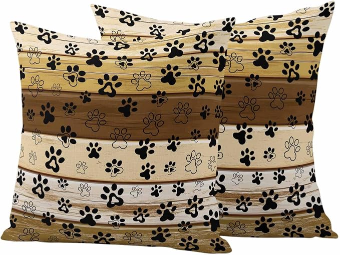 Outdoor Pillow Covers,Dog Paw Print Decorative Throw Pillow Cover Waterproof Pillowcase Set of 2,Linen Cushion Case for Sofa Couch Bed 24x24 Inch,Farm Vintage Brown Wood Board