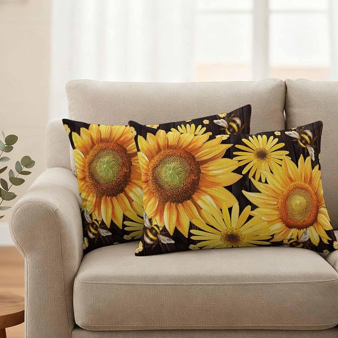 Outdoor Throw Pillow Covers,Yellow Sunflower Daisy Flower Waterproof Decorative Pillowcases Cushion Cover Spring Rustic Floral Bee Black Pillow Cases for Patio Couch Sofa Bed,20x12in Set of 2