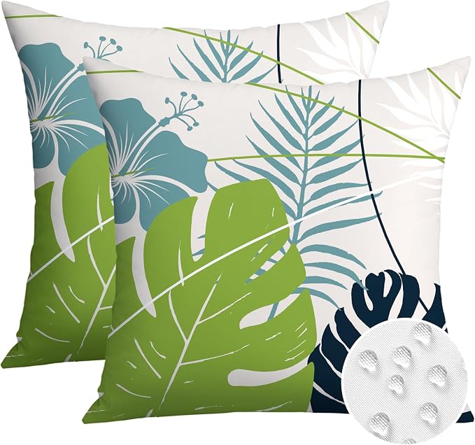 OTOSTAR Outdoor Waterproof Throw Pillow Covers 20x20 Inch Set of 2 Double-Sided Light Green Blue Tropical Leaf and Flower Spring Summer Decorative Pillow Cases for Patio Funiture Garden Balcony Couch